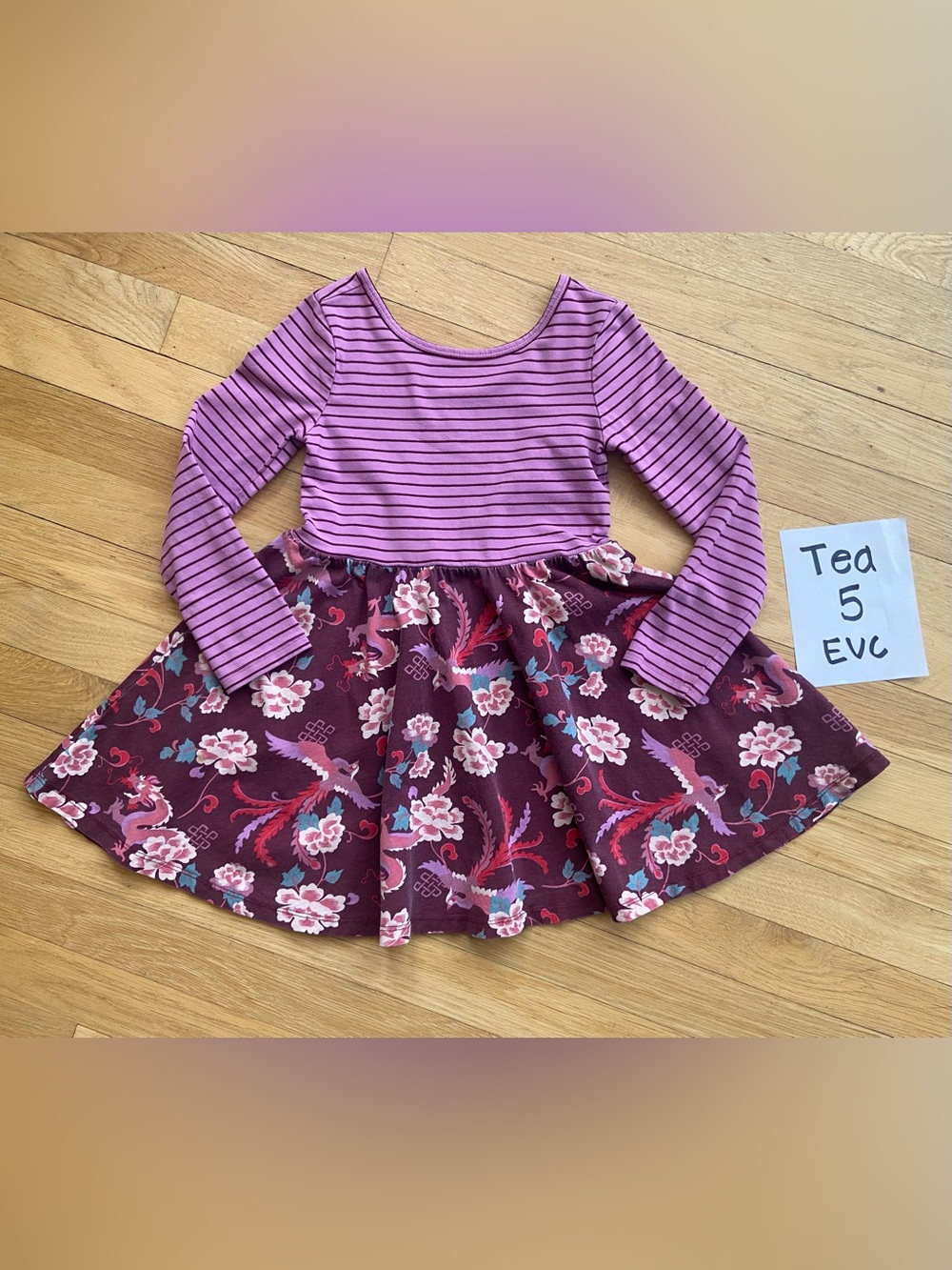Tea Collection Striped Purple & Floral Maroon Girls Dress Size 5